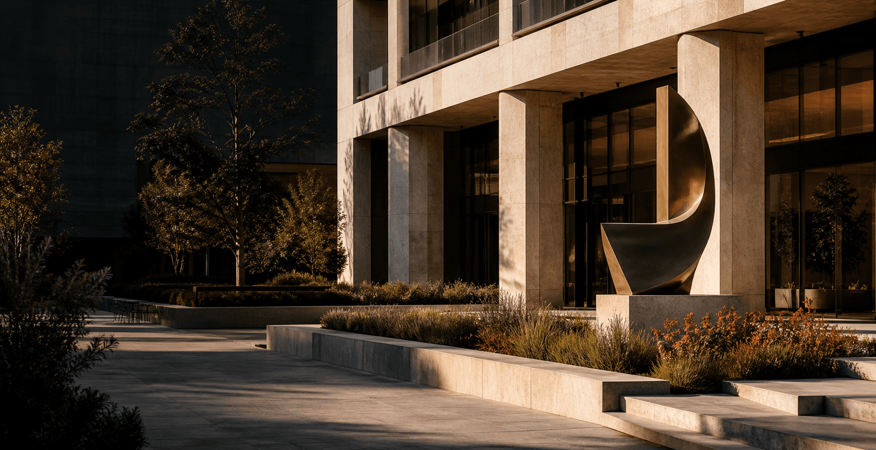 Conceptual architectural study of a public plaza with site-specific sculpture